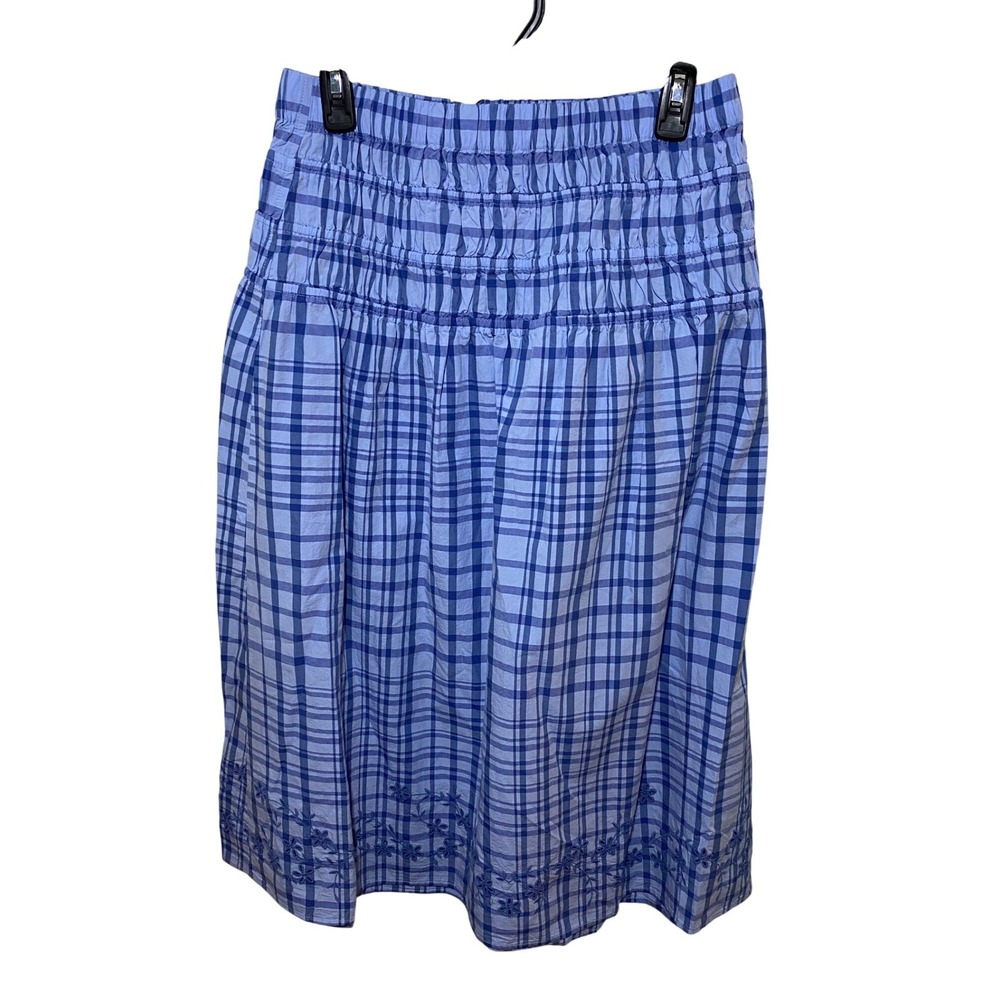 Free Assembly Smocked Maxi‎ Skirt Blue Plaid Floral Embroidered Small 4-6